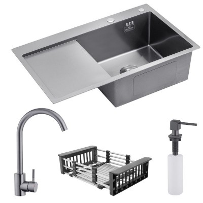 Кухонная мойка черная в комплекте 4 в 1 со смесителем и дозатором 0739