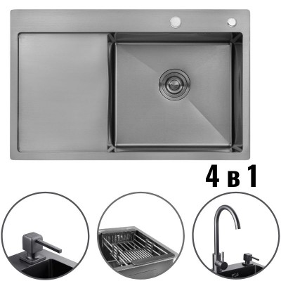 Кухонная мойка черная в комплекте 4 в 1 со смесителем и дозатором 0739